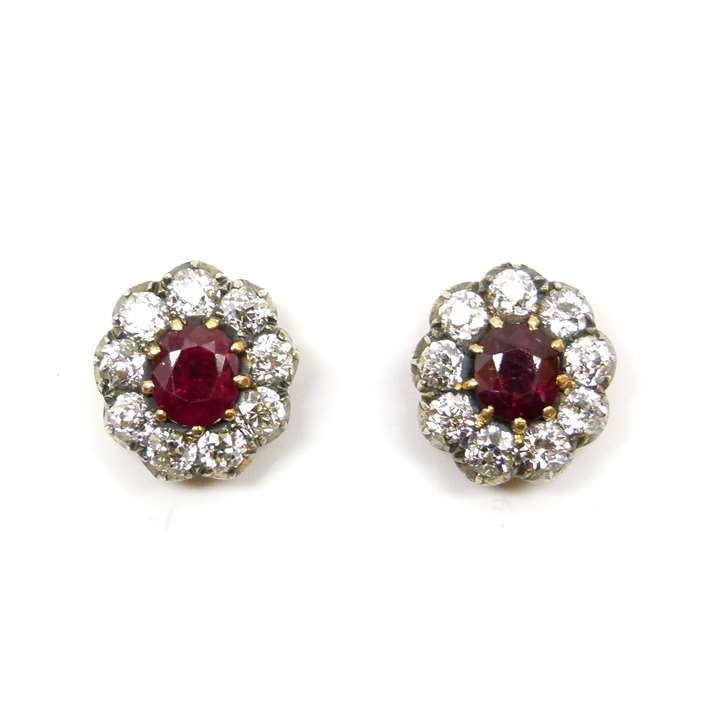 Pair of 19th century cushion cut ruby and diamond cluster stud earrings